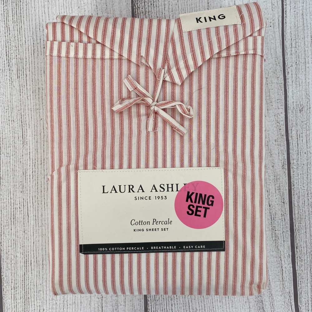 Laura Ashley Sheet Set King Beige Red Ticking Stripe Cotton Percale Cottagecore